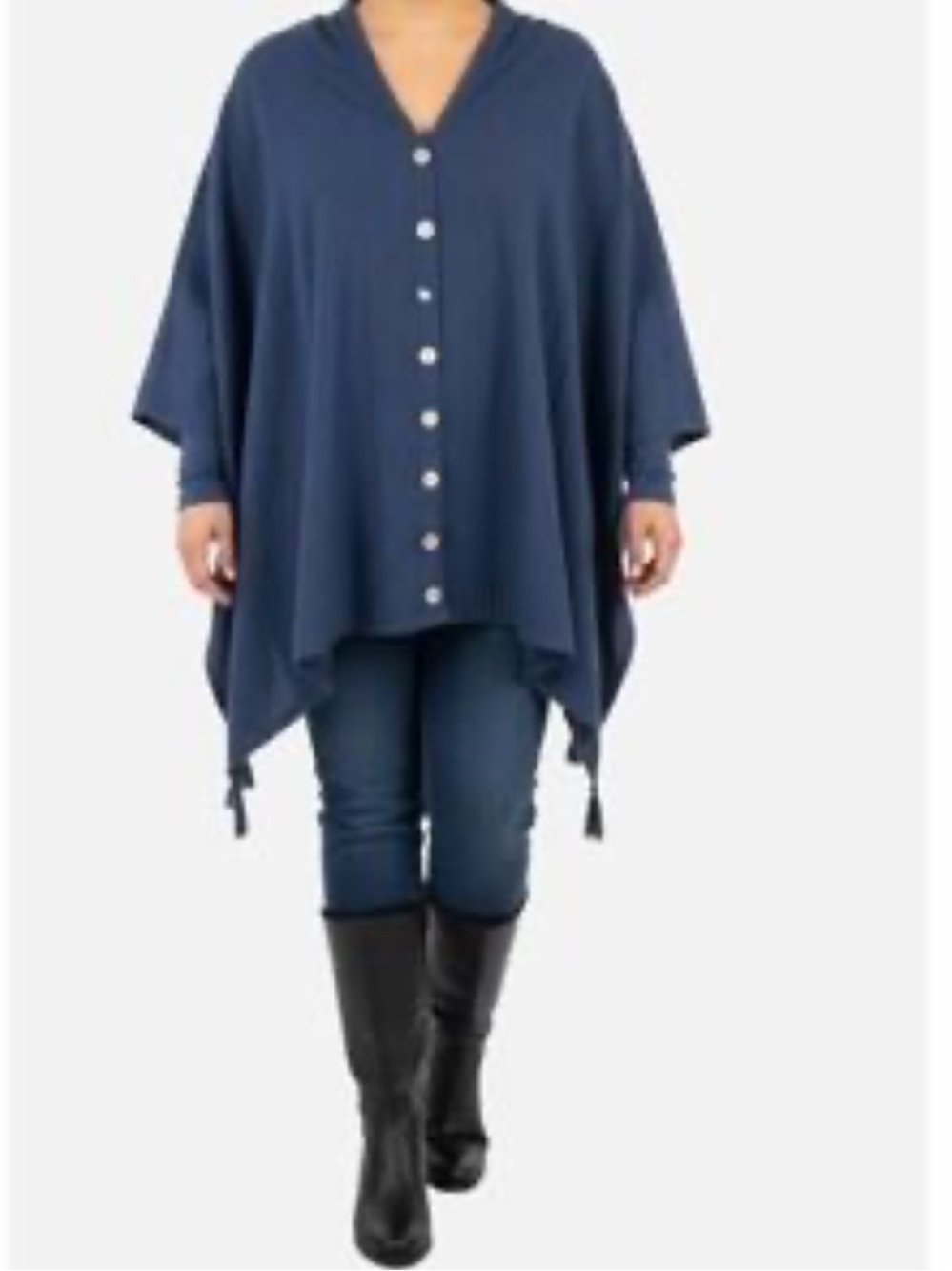 Crosstree Lane Felted Navy Shell Button Front Back Tassel Tunic Poncho OSFM